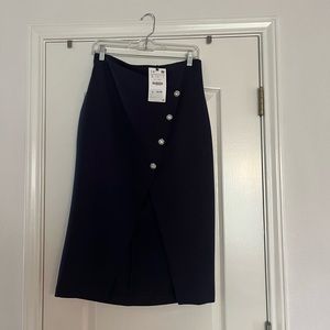 NWT Zara zip up back navy skirt with rhinestone buttons